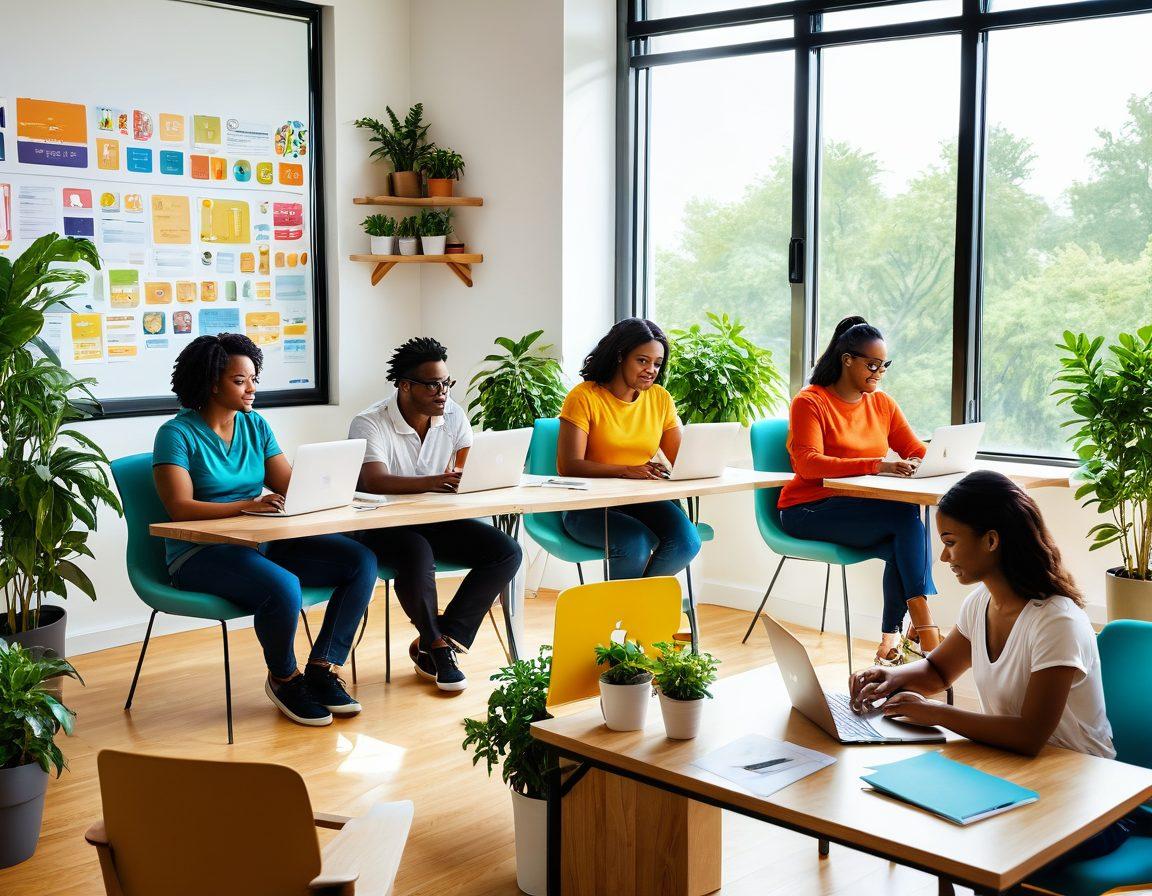 An illustration of a diverse group of people researching insurance plans on laptops and tablets, surrounded by colorful icons representing various insurance types like health, auto, and home. They are in a cozy, modern workspace filled with plants and motivational quotes on the walls, radiating a sense of community and collaboration. The sunlight streams in through large windows, adding warmth to the scene. cartoon style. bright colors. white background.